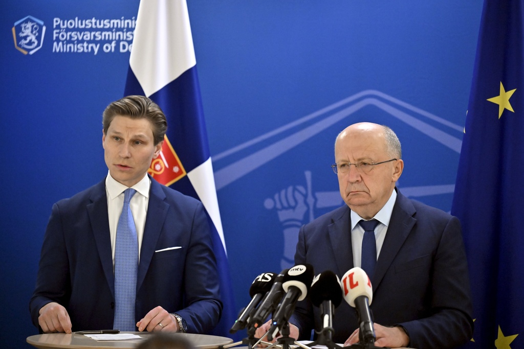EU Commissioner for Defence and Space, Lithuanian Andrius Kubilius, right and Finnish Defence Minister Antti Hakkanen take part in a press conference, at the Ministry of Defence in Helsinki, Finland, Friday, Sept. 26, 2025. (Markku Ulander /Lehtikuva via AP)