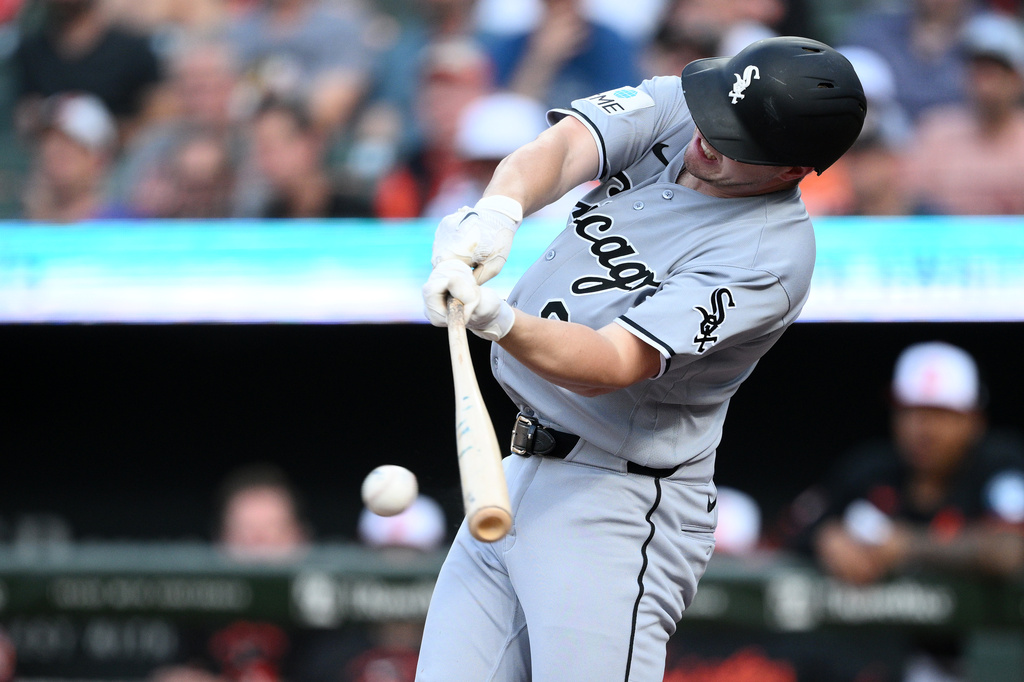Chicago White Sox's Kyle Teel singles during the second inning of a baseball game against the Baltimore Orioles, Tuesday, June 30, 2026, in Baltimore. (AP Photo/Nick Wass)