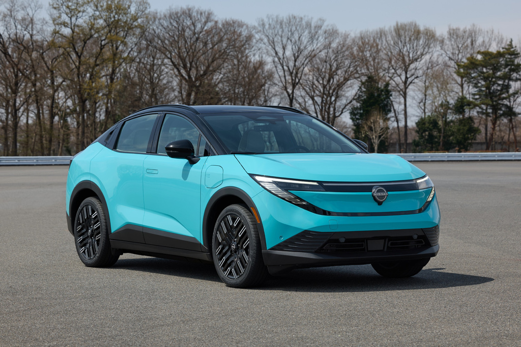 This photo provided by Nissan shows the 2026 Leaf. This small EV has been redesigned with flashier styling and a max EPA-estimated range of more than 300 miles. (Courtesy of Nissan North America via AP)