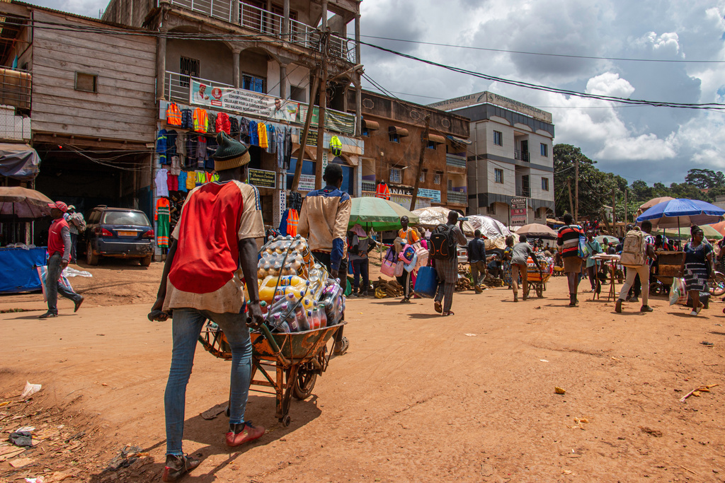 A man pushes a wheelbarrow loaded with goods through Mokolo market, Yaoundé, Cameroon, Sept. 12, 2025. (AP Photo / Welba Yamo Pascal)