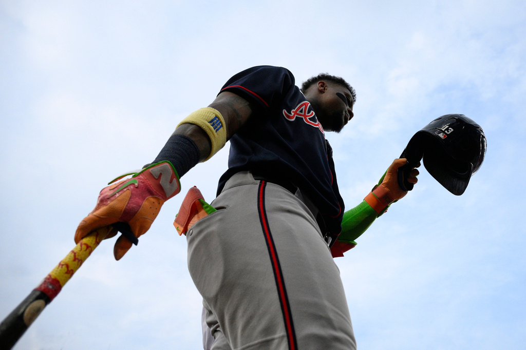 Atlanta Braves' Ronald Acuna Jr. gets ready before a baseball game against the Washington Nationals, Tuesday, Sept. 1, 2026, in Washington. (AP Photo/Nick Wass)