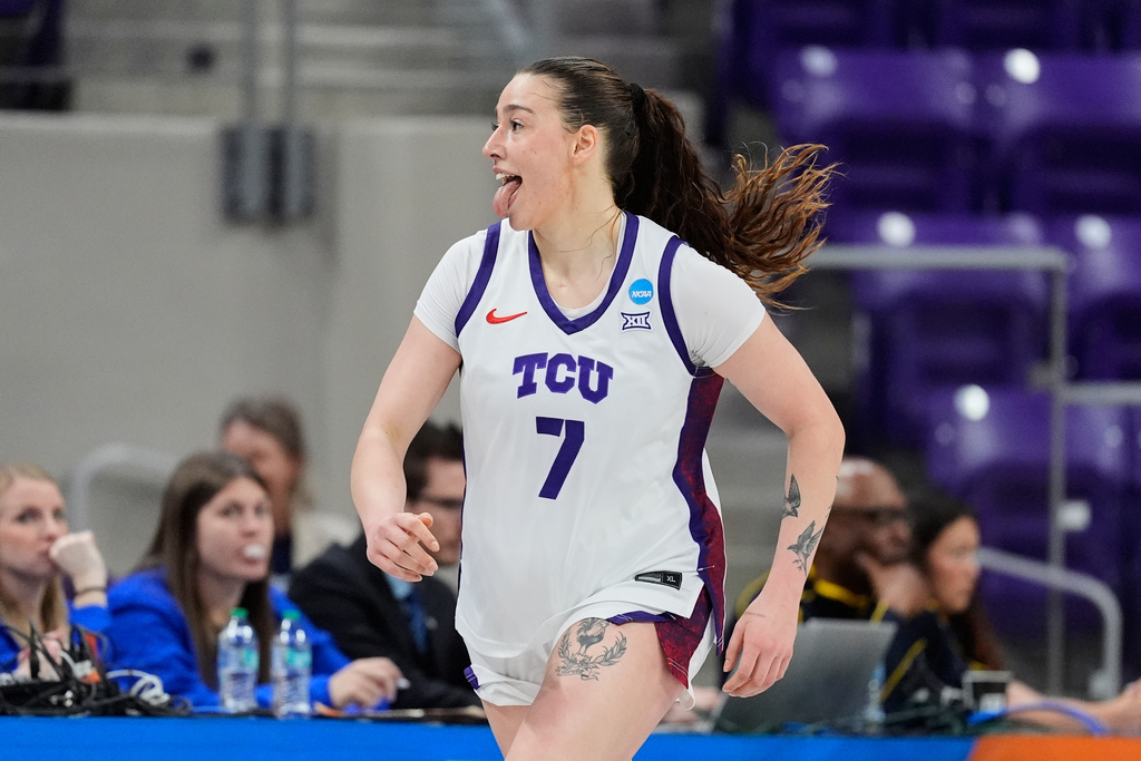 TCU forward Marta Suárez celebrates after sinking a three-pointer in the first half in the first round of the NCAA college basketball tournament against UC San Diego, Friday, March 20, 2026, in Fort Worth, Texas. (AP Photo/Tony Gutierrez)
