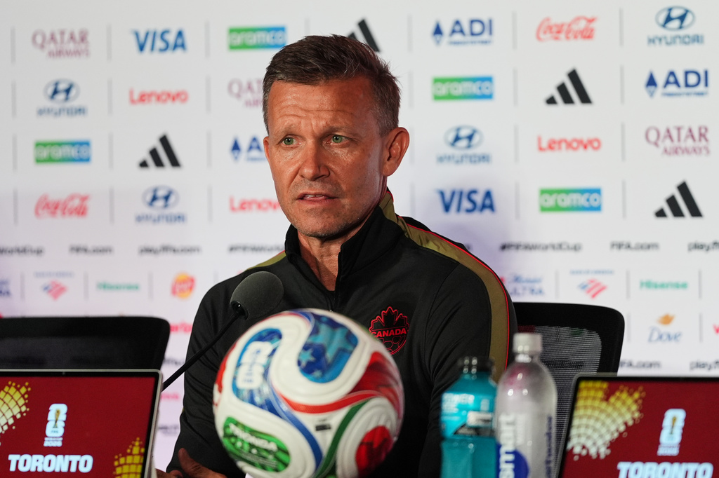 Canada head coach Jesse Marsch speaks during a press conference, Thursday, June 11, 2026, in Toronto, on the eve of the team's World Cup soccer match against Bosnia. (AP Photo/Stephanie Scarbrough)