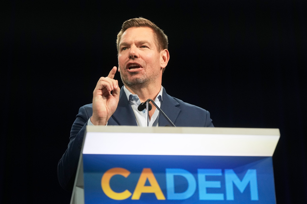 California gubernatorial candidate Eric Swalwell speaks at the 2026 California Democratic Party State Convention in San Francisco, Saturday, Feb. 21, 2026. (AP Photo/Jeff Chiu)