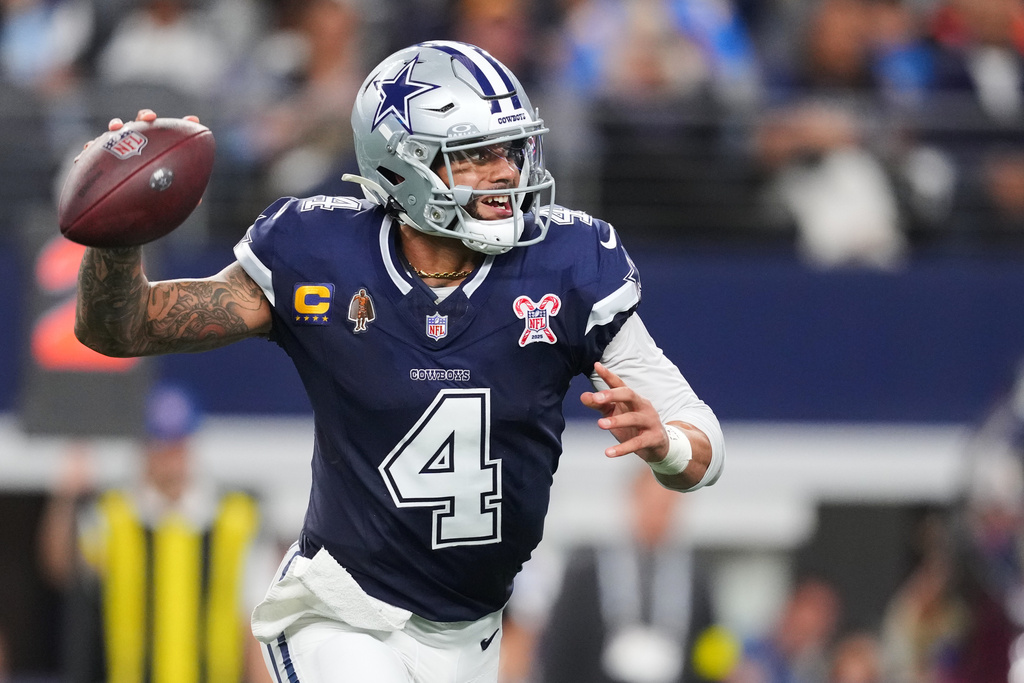 Dallas Cowboys quarterback Dak Prescott (4) prepares to pass during the first half of an NFL football game against the Los Angeles Chargers, Sunday, Dec. 21, 2025, in Arlington, Texas. (AP Photo/Julio Cortez)