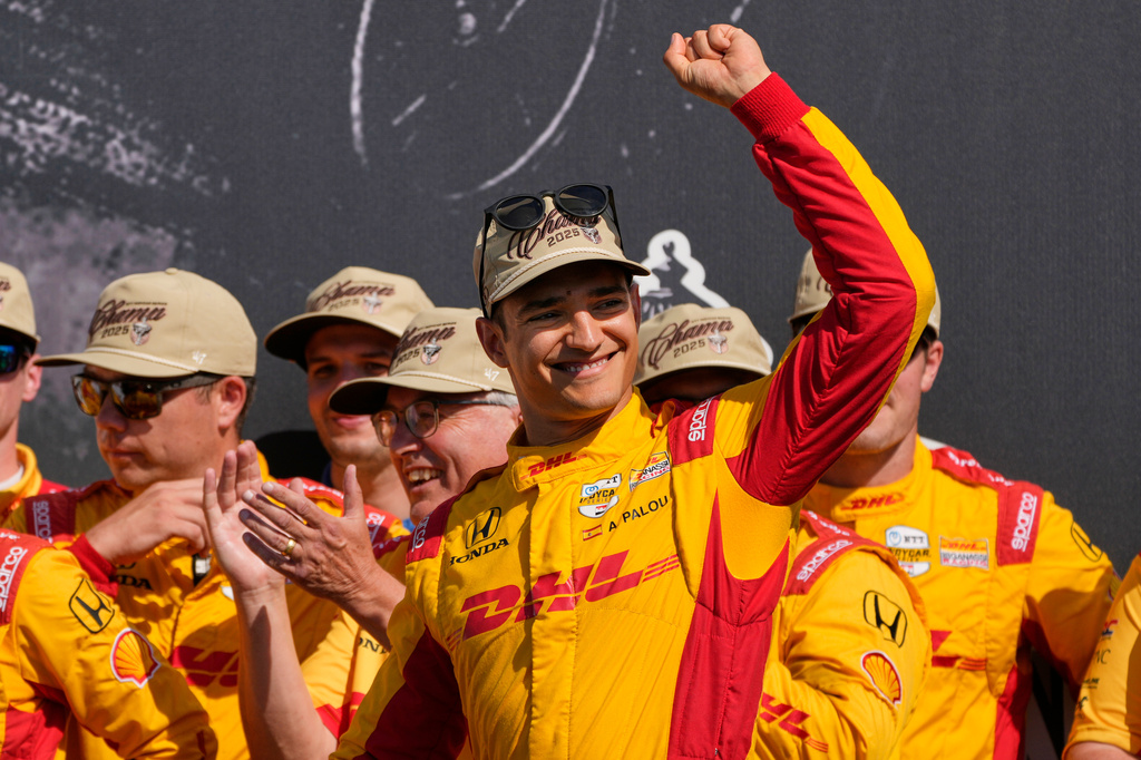FILE - Alex Palou celebrates after winning the IndyCar championship Sunday, Aug. 31, 2025, at Nashville Superspeedway in Lebanon, Tenn. (AP Photo/George Walker IV, File)