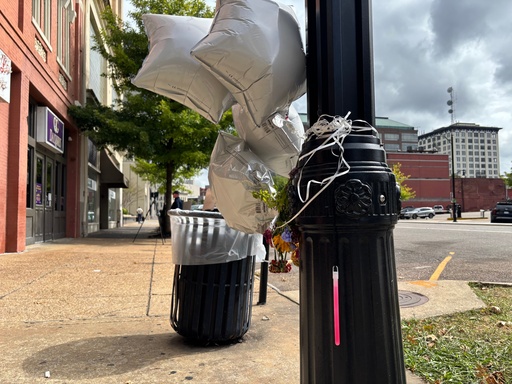 Star-shaped balloons and flowers were tied to street lights in downtown Montgomery, Ala., on Oct. 6, 2025 at the site of a mass shooting that killed two people and wounded a dozen others. (Kim Chandler/Associated Press) Star-shaped balloons and flowers were tied to street lights in downtown Montgomery, Ala., on Oct. 6, 2025 at the site of a mass shooting that killed two people and wounded a dozen others. (Kim Chandler/Associated Press)