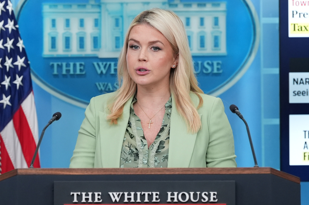 White House press secretary Karoline Leavitt speaks with reporters in the James Brady Press Briefing Room at the White House, Wednesday, April 15, 2026, in Washington. (AP Photo/Alex Brandon)