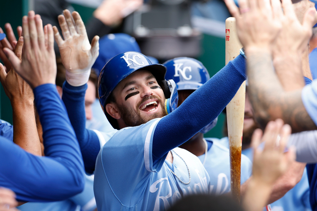 Kansas City Royals' Nick Loftin celebrates in the dugout after his three-run home run during the second inning of a baseball game against the Detroit Tigers in Kansas City, Mo., Sunday, Aug. 23, 2026. (AP Photo/Colin E. Braley)