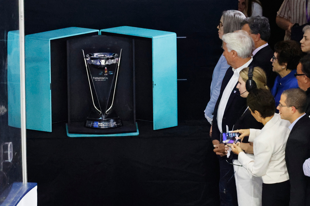 FILE - The Walter Cup is displayed before being presented to Minnesota after after they defeated Boston in Game 5 of the finals to win the PWHL, May 29, 2024, in Lowell, Mass. (AP Photo/Mary Schwalm)