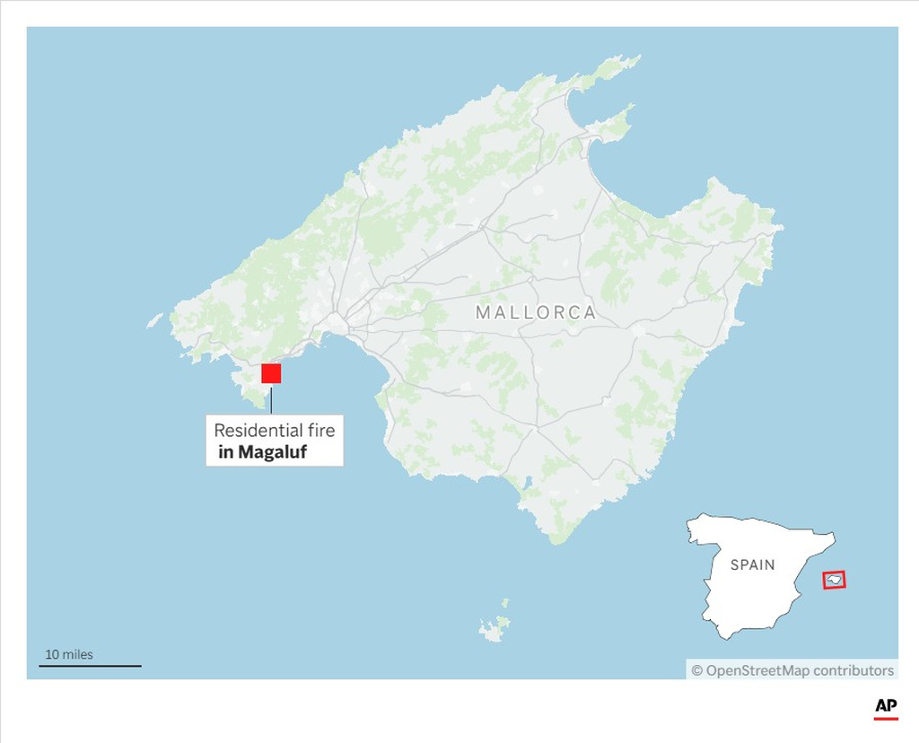 Map showing Mallorca, Spain and the location of a residential fire . (AP Digital Embed)