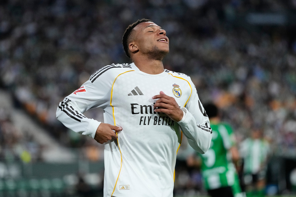Real Madrid's Kylian Mbappe reacts during a La Liga soccer match between Real Betis and Real Madrid in Seville, Spain, Friday, April 24, 2026. (AP Photo/Jose Breton)