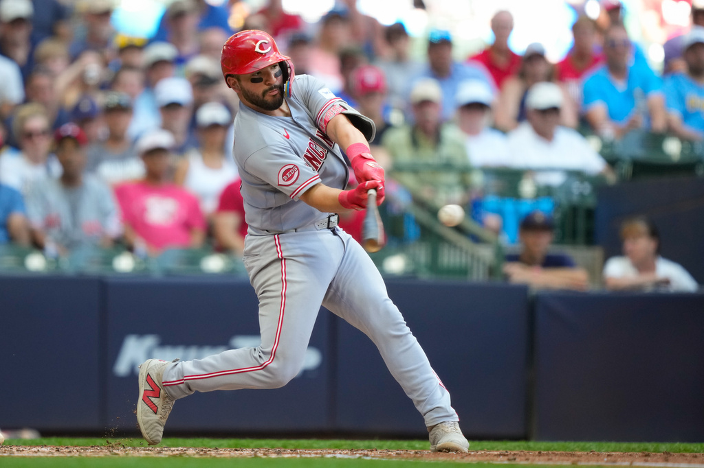 Cincinnati Reds' Jose Trevino hits a three-run home run during the fourth inning of a baseball game against the Milwaukee Brewers Thursday, July 2, 2026, in Milwaukee. (AP Photo/Kayla Wolf)