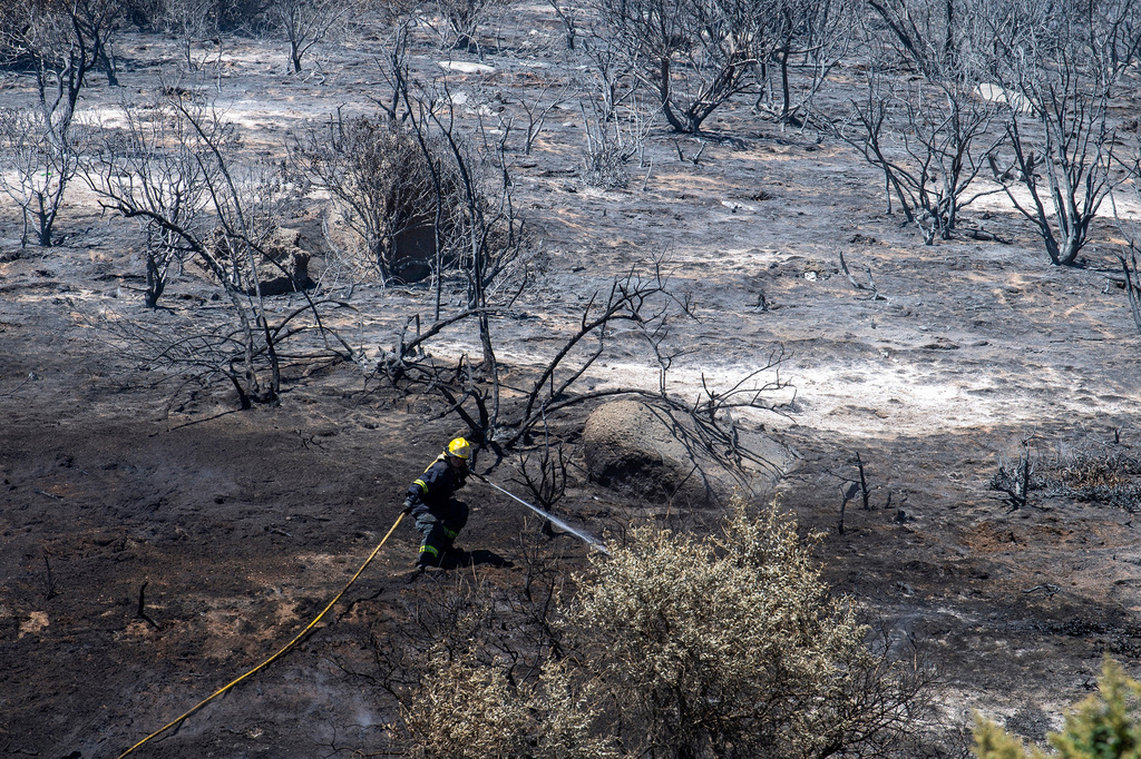 FILE - A firefighter battles a wildfire on the slopes above Simon's Town, South Africa, Dec. 19, 2023. (AP Photo, File)