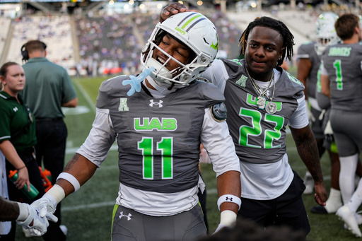 UAB running back Solomon Beebe (11) celebrates his touchdown against Memphis during the second half of an NCAA college football game, Saturday, Oct. 18, 2025, in Birmingham, Ala. (AP Photo/Mike Stewart) UAB running back Solomon Beebe (11) celebrates his touchdown against Memphis during the second half of an NCAA college football game, Saturday, Oct. 18, 2025, in Birmingham, Ala. (AP Photo/Mike Stewart)