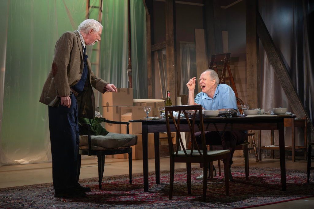 David Manis, left, and John Lithgow appear during a performance of "Giant" in New York on March 10, 2026. (Joan Marcus via AP)