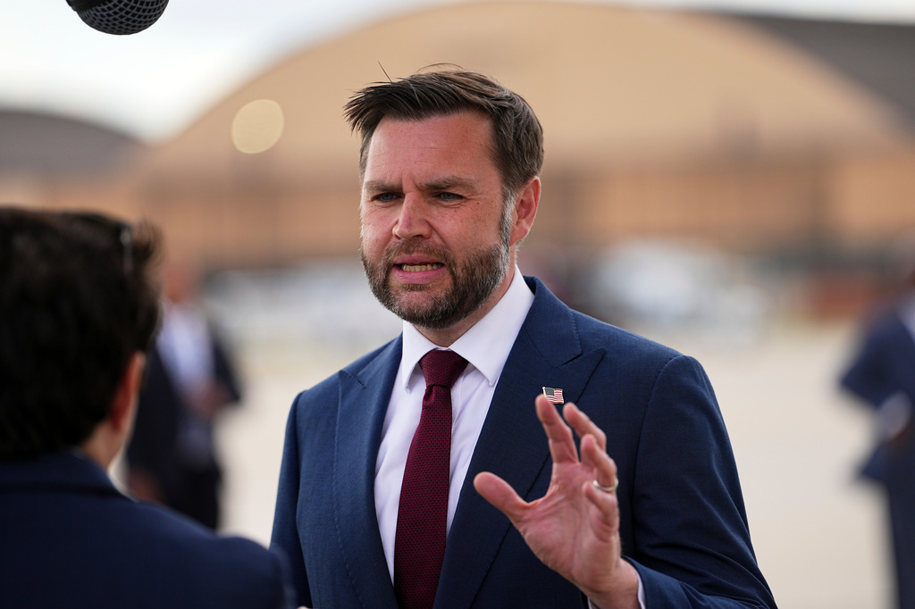 Vice President JD Vance speaks with reporters upon arriving on Air Force Two at Joint Base Andrews, Md., Thursday, May 28, 2026. (AP Photo/Matt Rourke, Pool)
