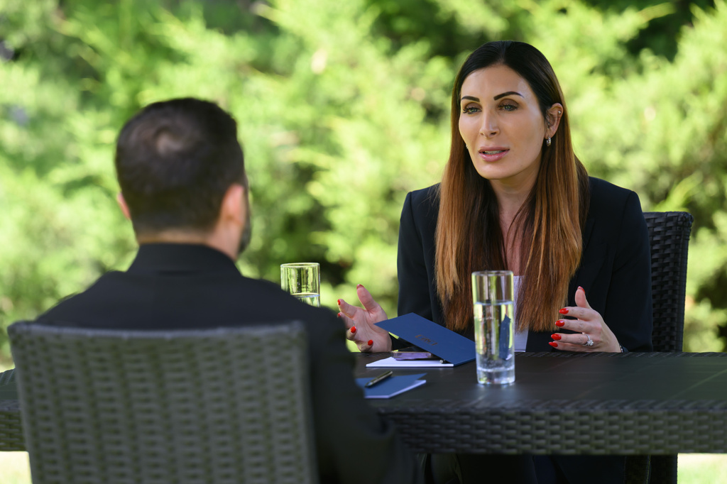 In this photo provided by the Ukrainian Presidential Press Office, Laura Loomer, right, interviews Ukrainian President Volodymyr Zelenskyy Thursday July 23, 2026, in Kyiv, Ukraine. (Ukrainian Presidential Press Office via AP)