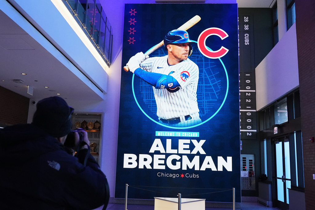 A banner in the Chicago Cubs offices as Alex Bregman is introduced as a new player at a news conference in Chicago, on Thursday, Jan. 15, 2026. (AP Photo/Nam Y. Huh)