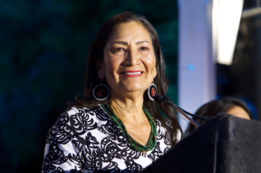 Democratic gubernatorial candidate Deb Haaland speaks during a primary election night watch party after winning the Democratic nomination, Tuesday, June 2, 2026, in Albuquerque, New Mexico. (AP Photo/Jon Austria)