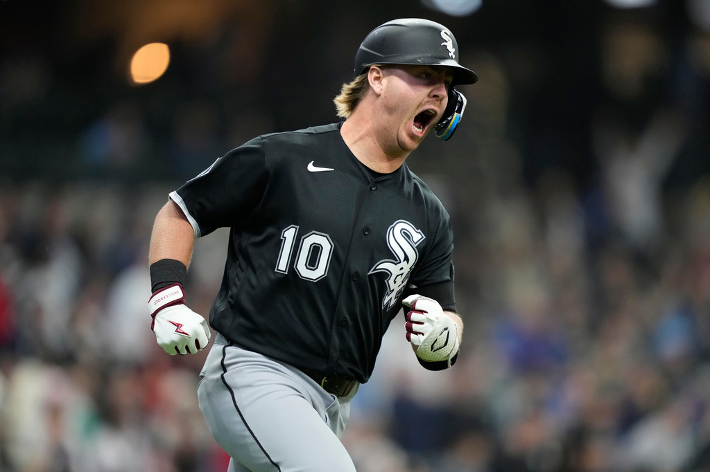Chicago White Sox's Chase Meidroth reacts after hitting a home run in the first inning of an opening-day baseball game against the Milwaukee Brewers, Thursday, March 26, 2026, in Milwaukee. (AP Photo/Kayla Wolf)