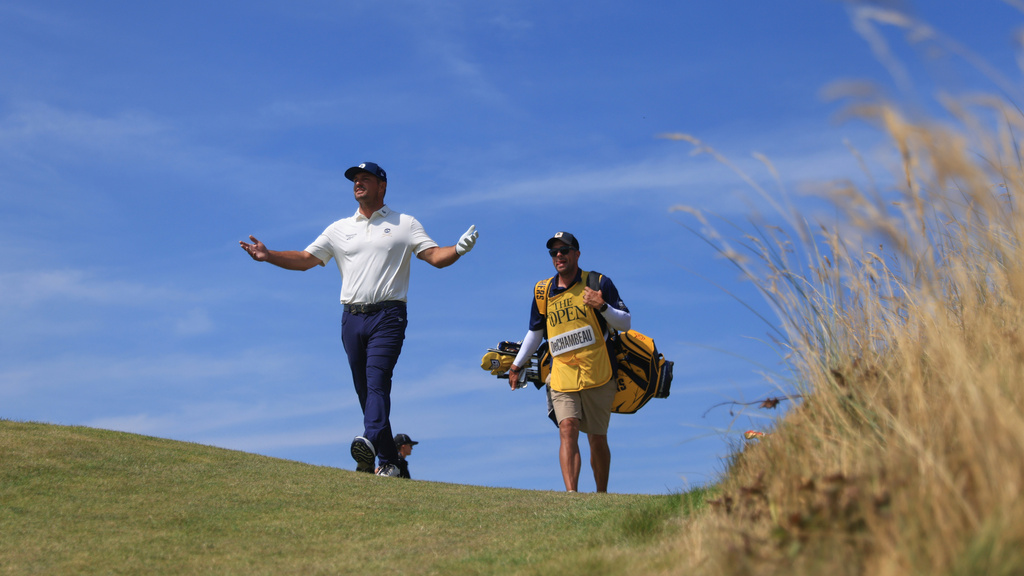 Bryson DeChambeau of the United States gestures as he walks the 7th hole during the first day of the British Open Golf championships at Royal Birkdale golf club, in Southport, England, Thursday, July 16, 2026. (AP Photo/Peter Morrison)
