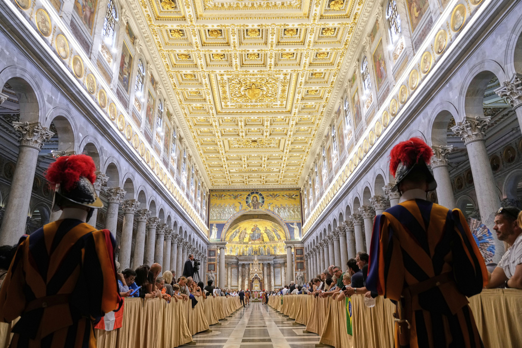 Pope Leo XIV presides over a commemoration of the martyrs and witnesses of the faith of the 21st century with representatives of other churches and Christian communions in the Basilica of St. Paul Outside the Walls in Rome, Sunday, Sept. 14, 2025. (AP Photo/Gregorio Borgia)