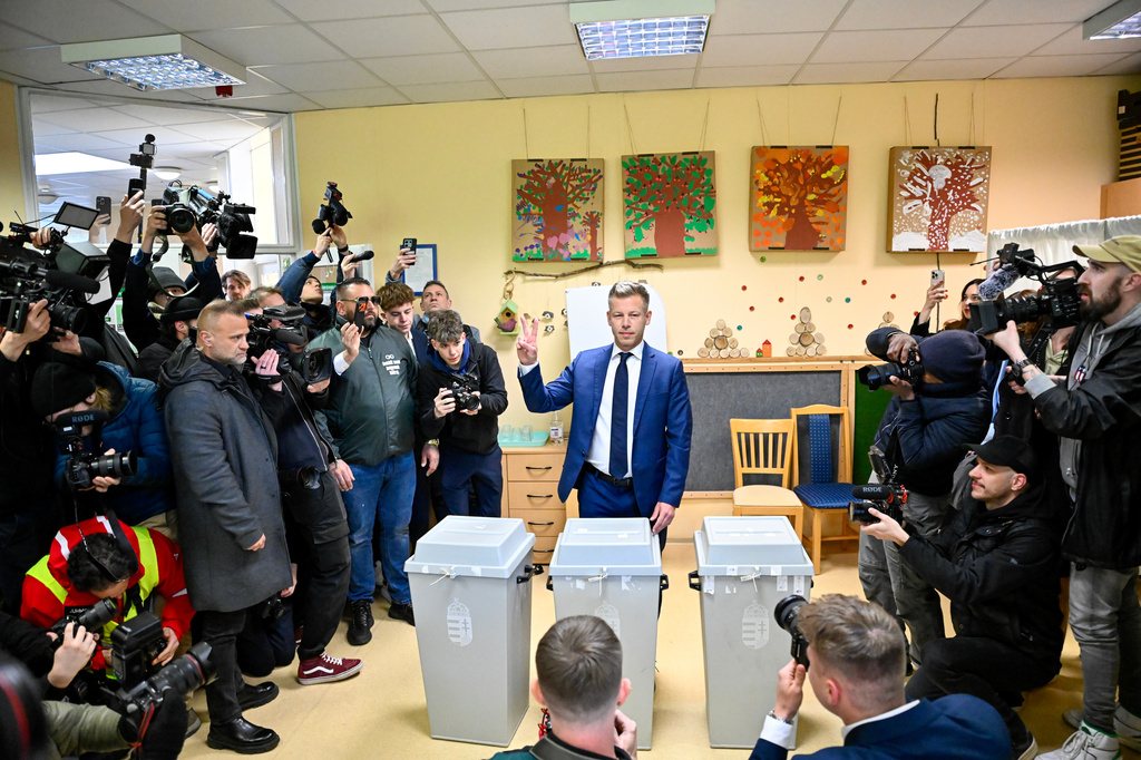Peter Magyar, leader of the opposition Tisza party, reacts after casting his ballot at a polling station in Budapest, Hungary, Sunday, April 12, 2026. (AP Photo/Denes Erdos)