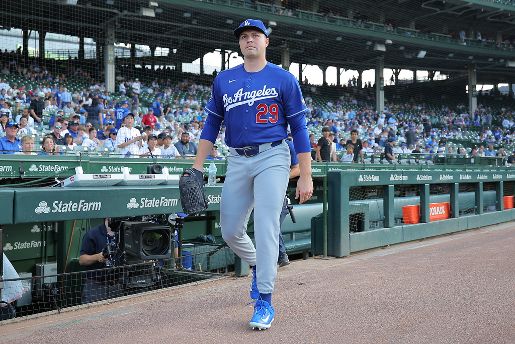Los Angeles Dodgers starting pitcher Tarik Skubal makes his way to the bullpen prior to a baseball game against the Chicago Cubs, Tuesday, Aug. 4, 2026, in Chicago. (AP Photo/Melissa Tamez)