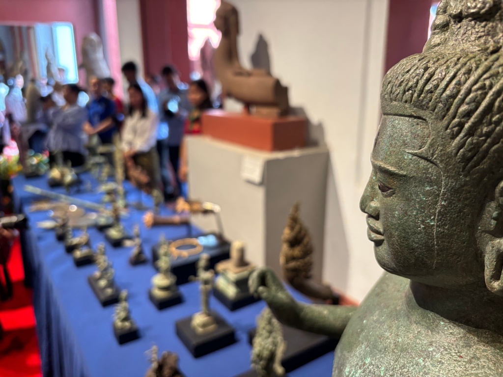 Khmer cultural artifacts that were returned to Cambodia on display at the National Museum, in Phnom Penh, Friday, Feb. 27, 2026. (AP Photo/Sopheng Cheang)