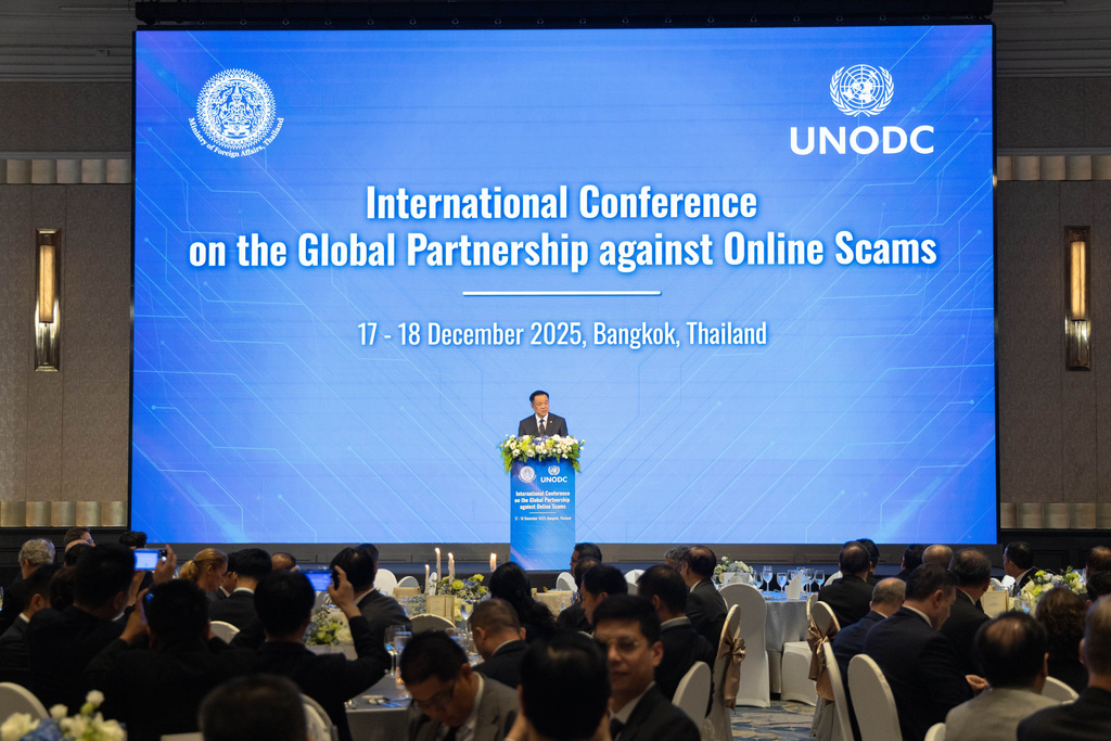 Thai Prime Minister Anutin Charnvirakul delivers his keynote speech during the International Conference on the Global Partnership against Online Scams in Bangkok, Thailand, on Wednesday, Dec. 17, 2025. (AP Photo/Anton L. Delgado)