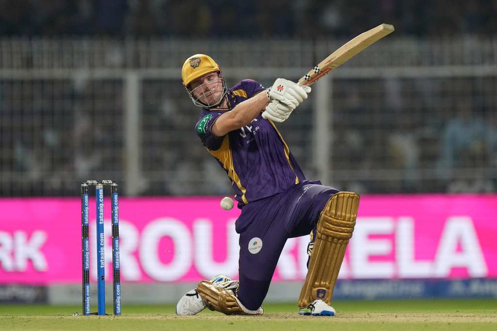 Kolkata Knight Riders' Cameron Green plays a shot during the Indian Premier League cricket match between Kolkata Knight Riders and Lucknow Super Giants in Kolkata, India, Thursday, April 9, 2026. (AP Photo/Bikas Das)