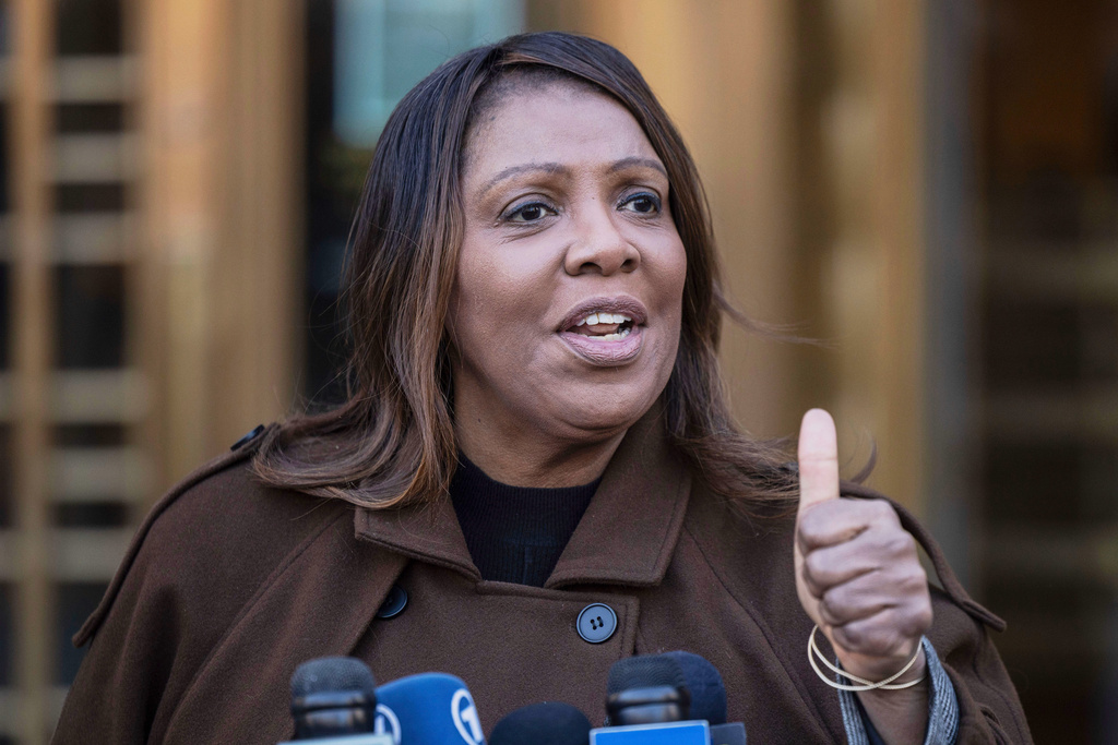 FILE - New York Attorney General Letitia James speaks during a news conference outside Manhattan federal court, Feb. 14, 2025, in New York. (AP Photo/Yuki Iwamura, File)