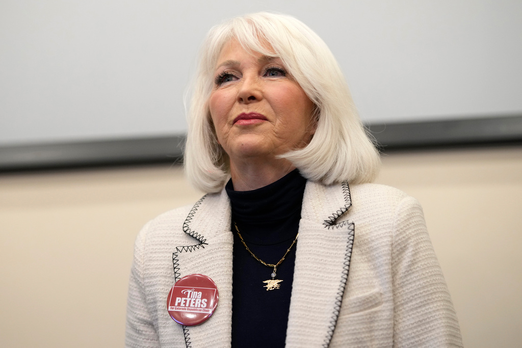 FILE - Candidate Tina Peters speaks during a debate for the state leadership position, Feb. 25, 2023, in Hudson, Colo. (AP Photo/David Zalubowski, File)