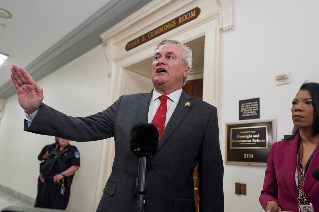 House Oversight Committee Chairman James Comer, R-Ky., speaks to reporters before questioning Commerce Secretary Howard Lutnick as part of the panel's investigation of convicted sex offender Jeffrey Epstein, at the Capitol in Washington, Wednesday, May 6, 2026. (AP Photo/J. Scott Applewhite)