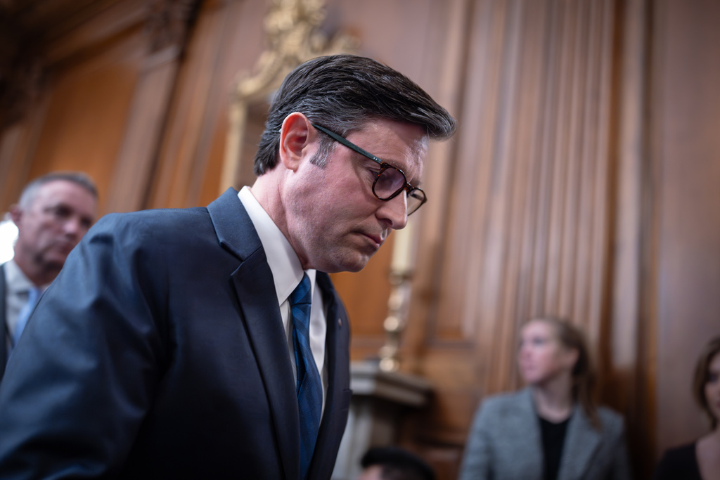 Speaker of the House Mike Johnson, R-La., departs a news conference on the 30th day of the government shutdown, at the Capitol in Washington, Thursday, Oct. 30, 2025. (AP Photo/J. Scott Applewhite)