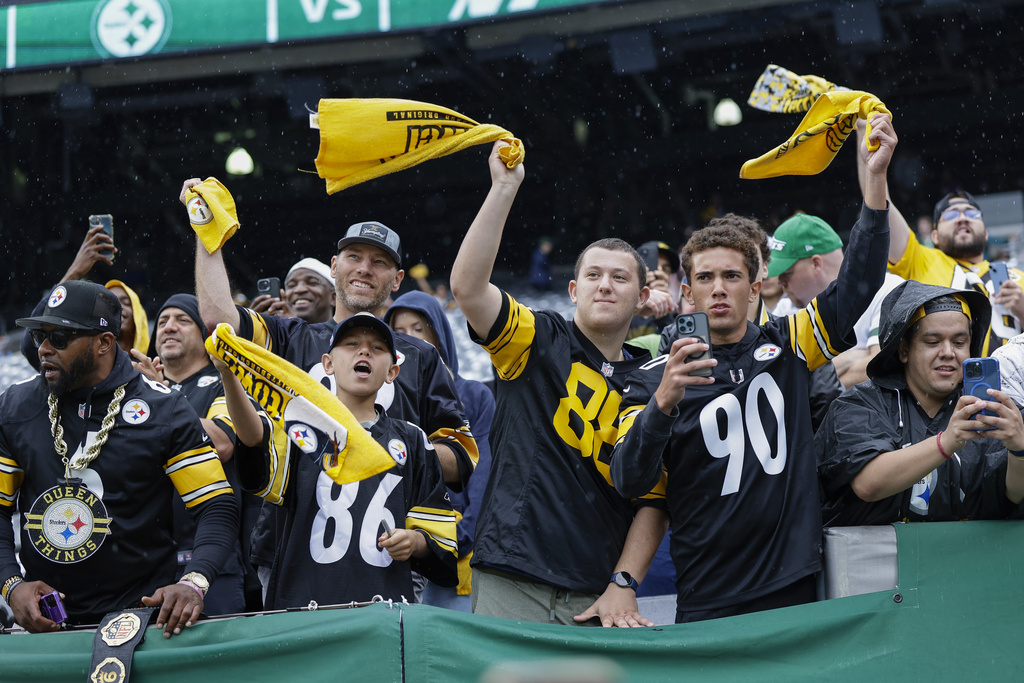 Pittsburgh Steelers supporters wave Terrible Towels prior to an NFL football game between the New York Jets and the Steelers Sunday, Sept. 7, 2025, in East Rutherford, N.J. (AP Photo/Adam Hunger)