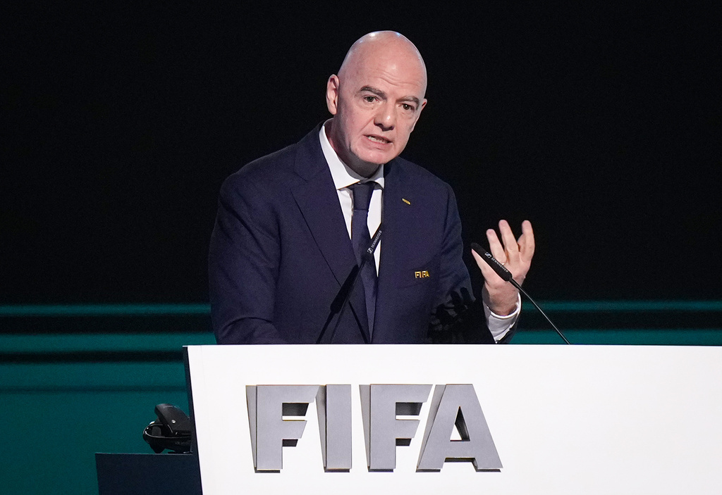 FIFA President Gianni Infantino addresses the 76th FIFA Congress in Vancouver, British Columbia, Thursday, April 30, 2026. (Darryl Dyck/The Canadian Press via AP)