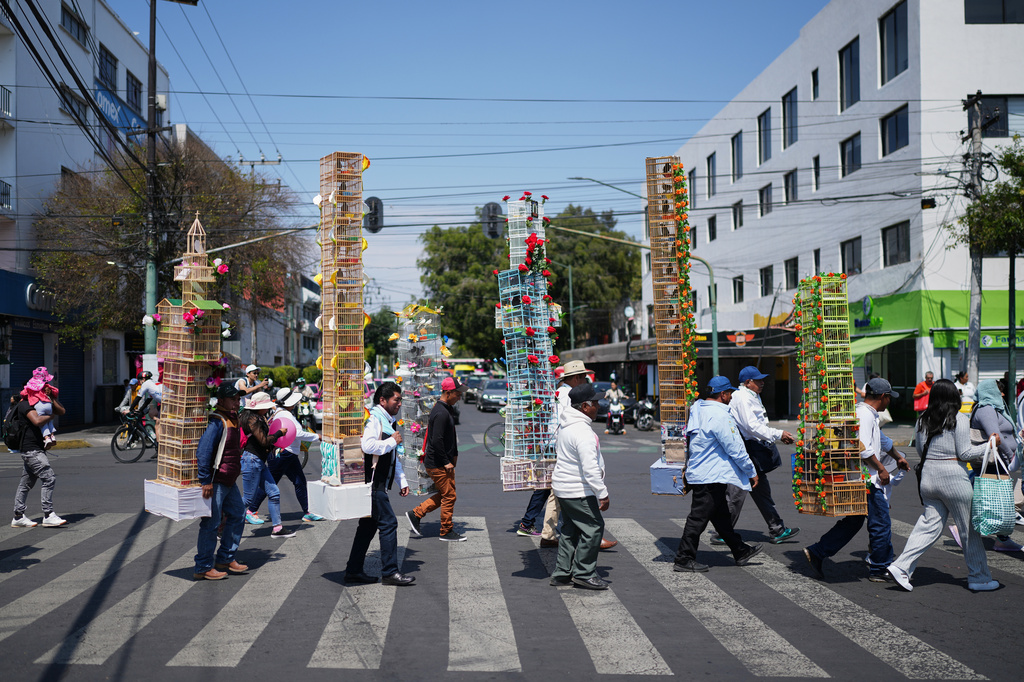 People walk with decorated cages during an annual bird vendors pilgrimage to the Basilica of Guadalupe in Mexico City, Sunday, March 29, 2026. (AP Photo/Eduardo Verdugo)