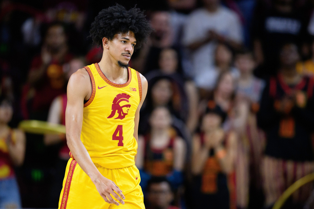 FILE - Southern California forward Chad Baker-Mazara walks on the court during the second half of an NCAA college basketball game against Nebraska, Feb. 28, 2026, in Los Angeles. (AP Photo/William Liang, File)