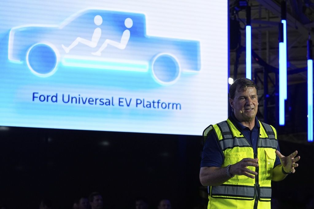 Ford CEO Jim Farley speaks at the Louisville Assembly Plant, Monday, Aug. 11, 2025, in Louisville, Ky. (AP Photo/Darron Cummings)