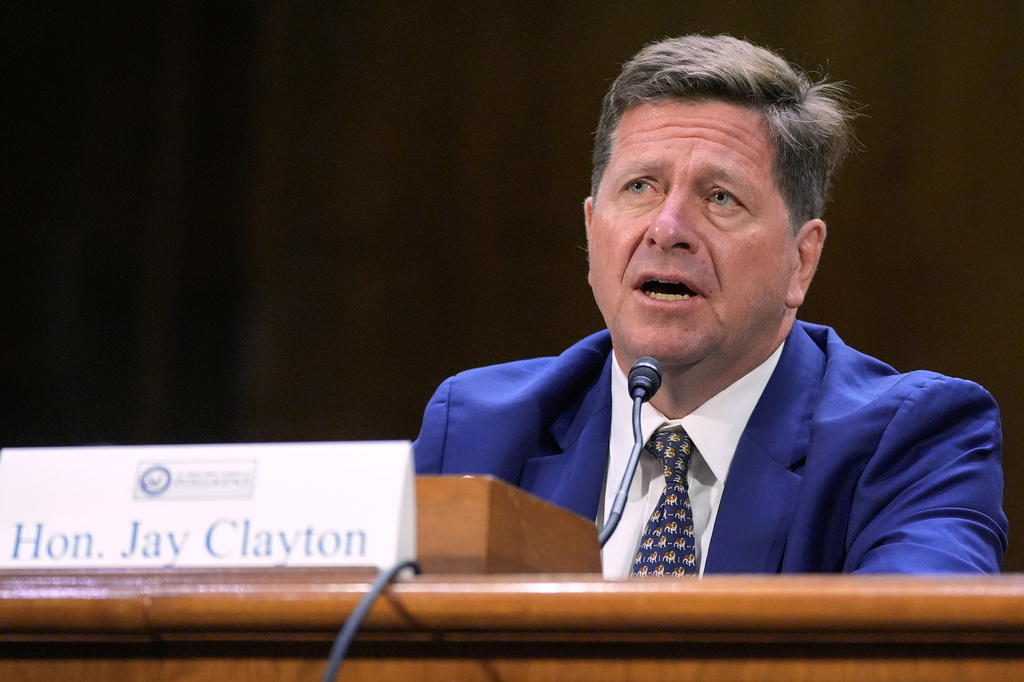 Jay Clayton testifies during a Senate Intelligence Committee confirmation hearing to be the next Director of National Intelligence on Capitol Hill, Wednesday, July 15, 2026, in Washington. (AP Photo/Mariam Zuhaib)