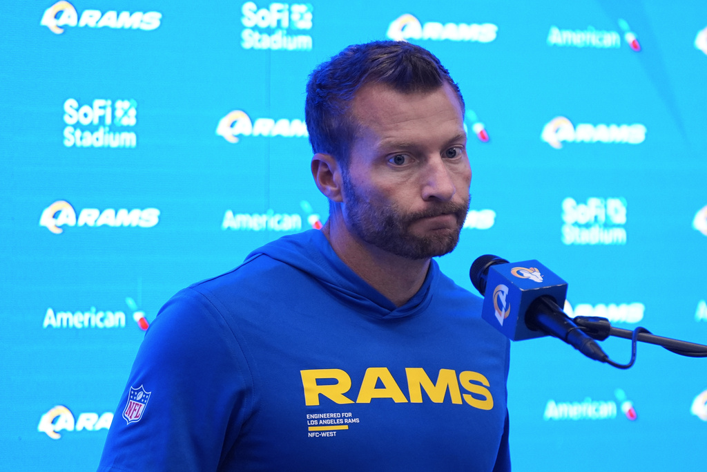 Los Angeles Rams head coach Sean McVay speaks at a news conference after an NFL football game against the San Francisco 49ers, Thursday, Oct. 2, 2025, in Inglewood, Calif. (AP Photo/Marcio Jose Sanchez)
