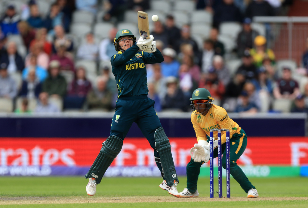 Australia's Georgia Wareham bats during the Women's T20 World Cup match between Australia and South Africa at Old Trafford, Manchester, England, Saturday June 13, 2026. (Nigel French/PA via AP)