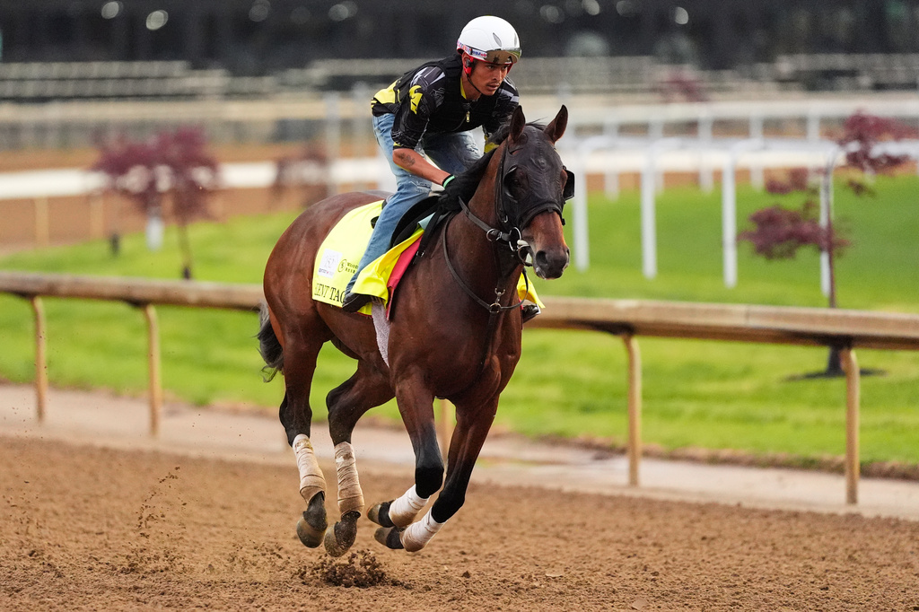 Kentucky Derby entrant Silent Tactic works out at Churchill Downs Tuesday, April 28, 2026, in Louisville, Ky. (AP Photo/Charlie Riedel)