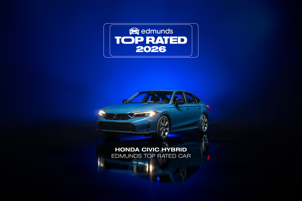 HOLD FOR 9am EST EMBARGO WEDNESDAY, FEB. 18 - This photo provided by Edmunds shows the Honda Civic Hybrid, the Edmunds Top Rated Car for 2026. (Courtesy of Edmunds via AP)