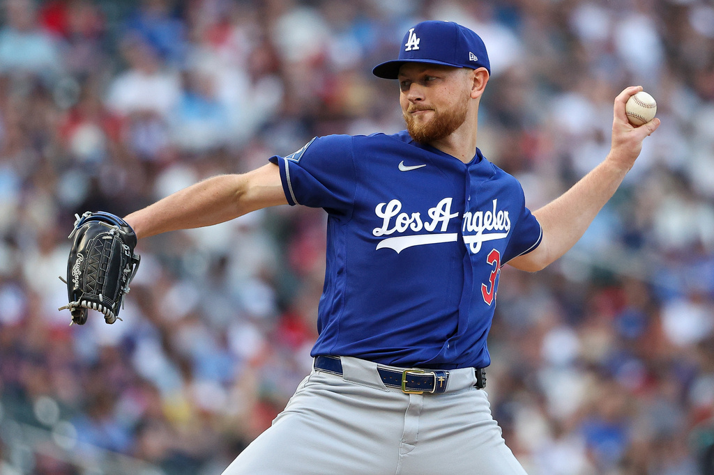 Los Angeles Dodgers pitcher Eric Lauer delivers against the Minnesota Twins during the fourth inning of a baseball game, Monday, June 22, 2026, in Minneapolis. (AP Photo/Matt Krohn)