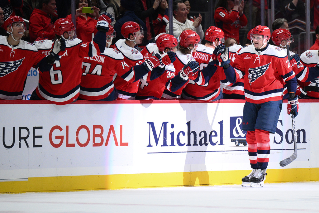 Washington Capitals center Aliaksei Protas (21) celebrates his goal during the second period of an NHL hockey game against the Minnesota Wild, Friday, Oct. 17, 2025, in Washington. (AP Photo/Nick Wass)