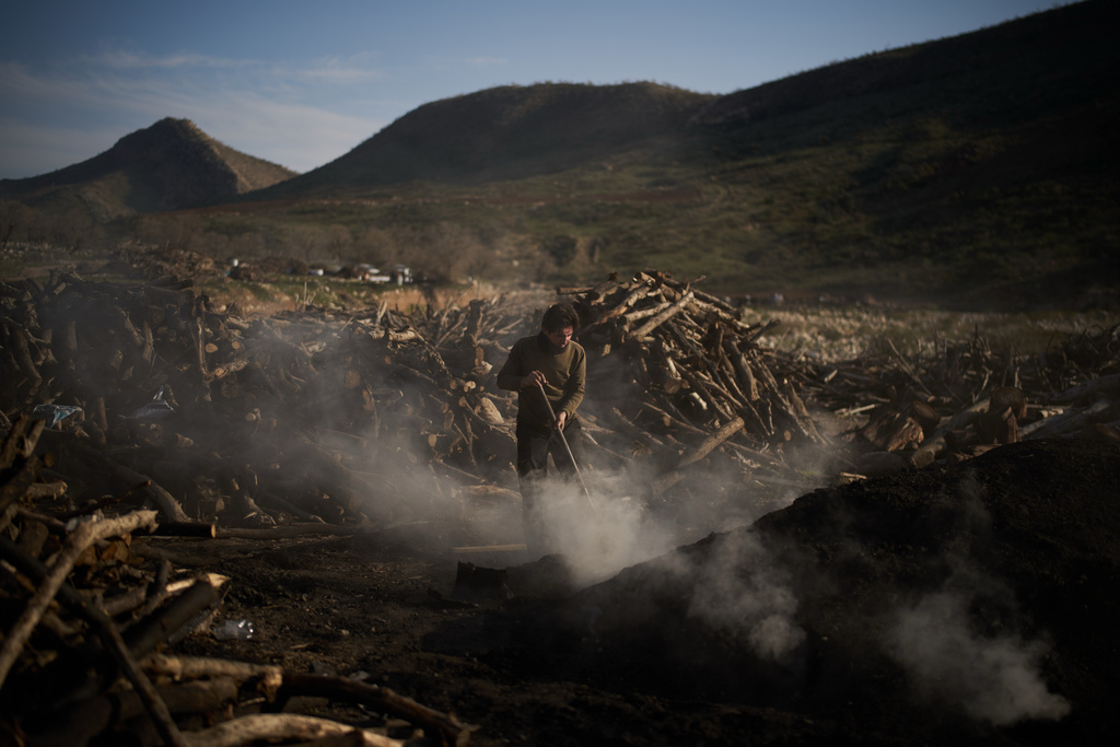 A man uses a shovel as he works at a traditional charcoal production site in Sarkand, Iraq, Thursday, March 12, 2026. (AP Photo/Leo Correa)
