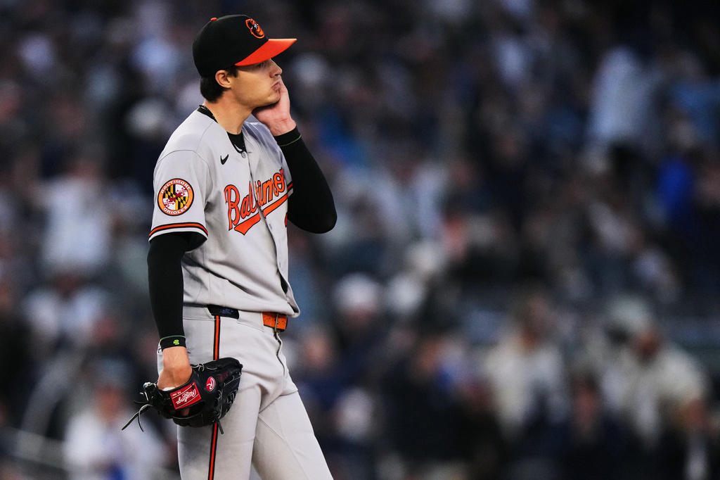 Baltimore Orioles' pitcher Cade Povich reacts after New York Yankees' Ben Rice hit a three-run home run during the second inning of a baseball game Friday, May 1, 2026, in New York. (AP Photo/Frank Franklin II)
